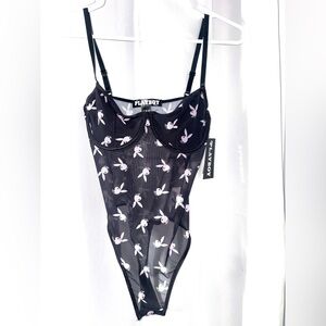 Playboy Black Bodysuit with White Bunny Pattern